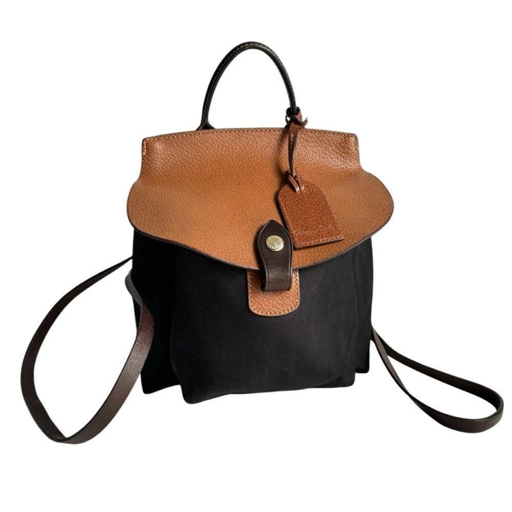 Dooney & Bourke Black Canvas Backpack with Brown Leather Flap